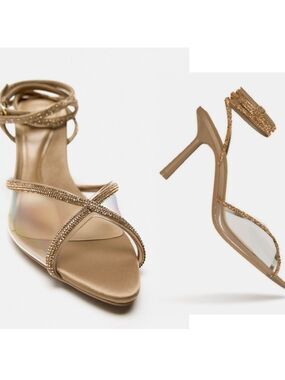 Zara Sandy Brown Crystal rhinestone lace up vinyl strappy high heel sandals 6.5